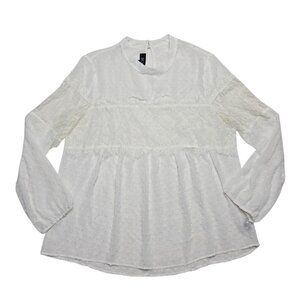 BCX Top Womens XL White Floral Balloon‎ Sleeve Peasant Keyhole Popcorn Blouse